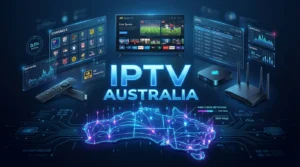 High-quality technical illustration of IPTV Australia streaming system in 2026 with NBN network, 4K devices, live sports channels and data flow visualization.