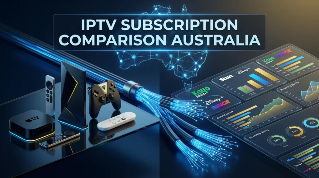IPTV subscription comparison Australia 2026 featured image showing Apple TV 4K NVIDIA Shield Chromecast streaming devices Kayo Stan Disney Plus Binge services NBN fiber network Australian map