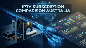 IPTV subscription comparison Australia 2026 featured image showing Apple TV 4K NVIDIA Shield Chromecast streaming devices Kayo Stan Disney Plus Binge services NBN fiber network Australian map