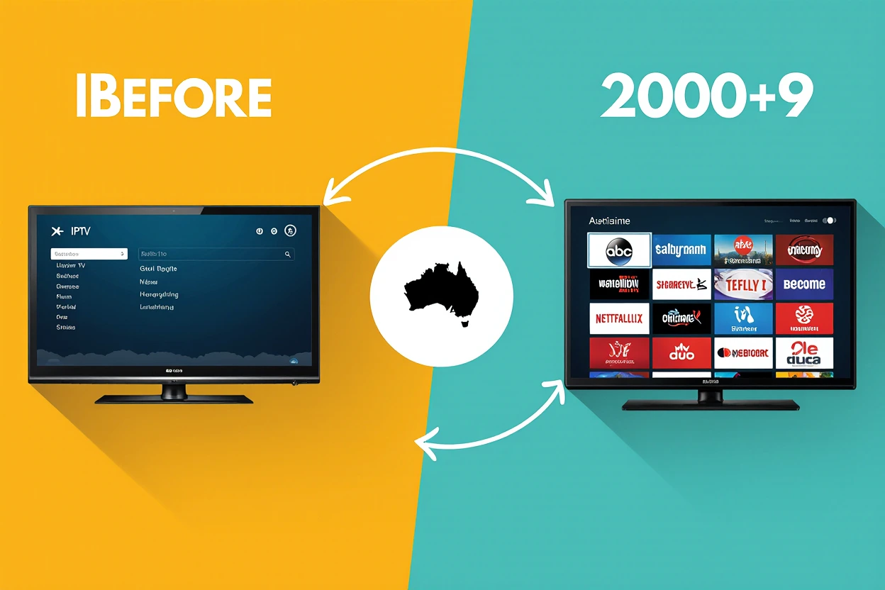 Before and after comparison showing transformation from 3 free-to-air channels to 2000+ IPTV channels in Australia