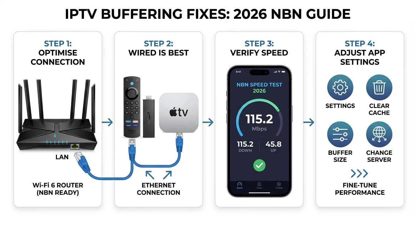 Step-by-step IPTV buffering fixes showing router, Ethernet cable, and streaming device setup