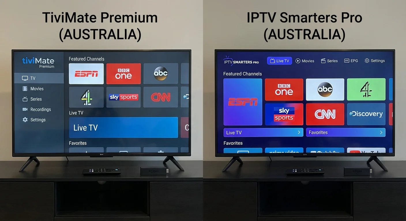 TiviMate and IPTV Smarters Pro home screens on Fire Stick showing main menu and featured channels