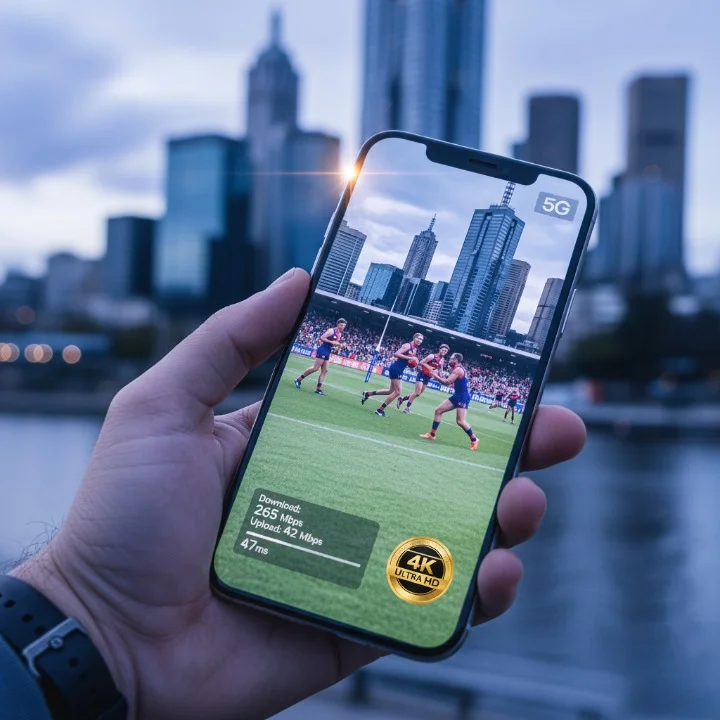 Modern smartphone streaming 4K IPTV content over Australian 5G network with performance indicators and speed metrics