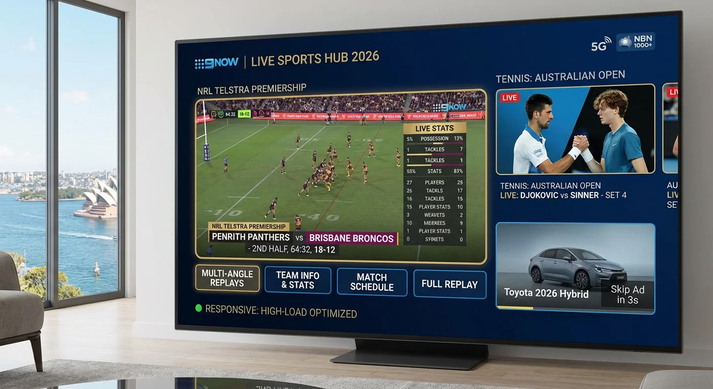 9Now IPTV app interface Australia 2026 showing sports streaming with NRL and tennis schedules, team information, replay options, live stats overlays, and ad integration.