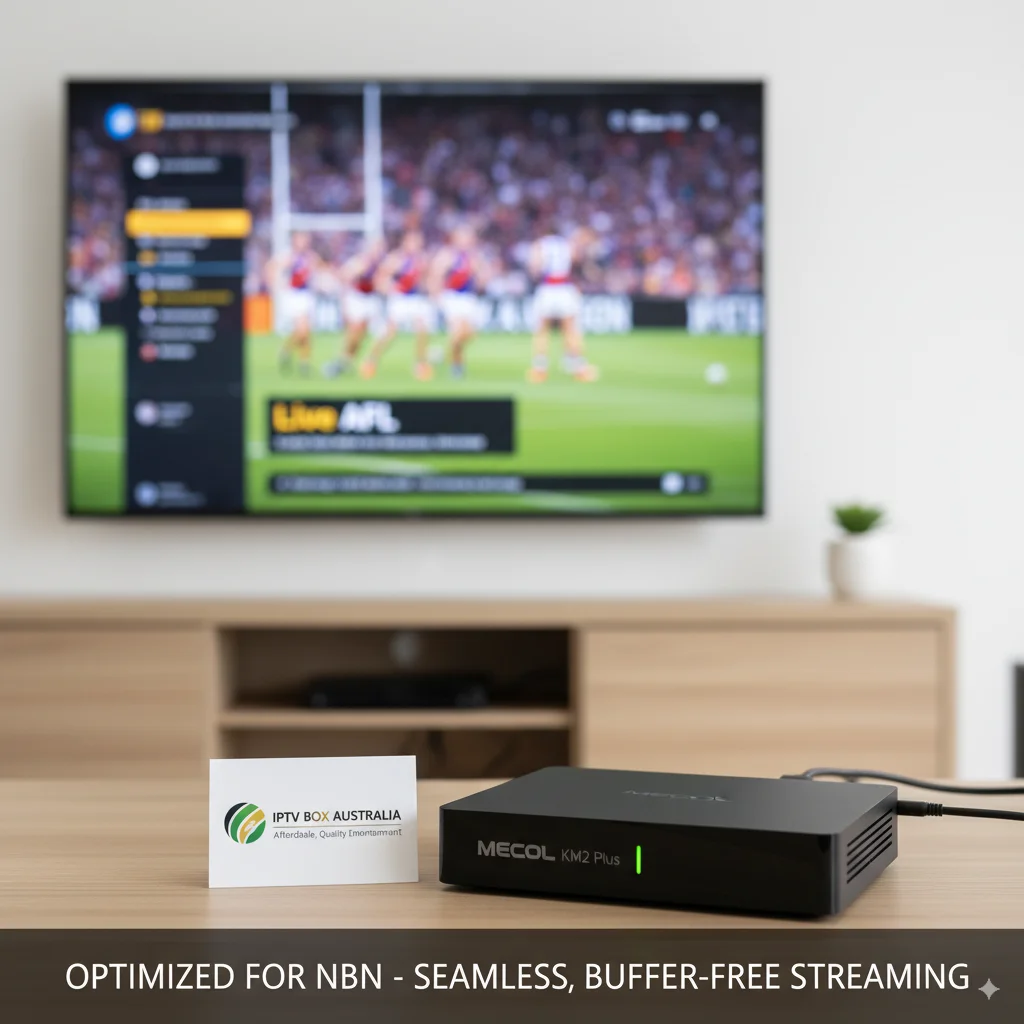 MECOOL KM2 Plus IPTV box Australia streaming AFL in 4K on a modern TV.