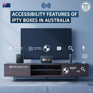 Accessibility features of IPTV boxes in Australia infographic showing voice control, screen reader, and captioning options for disabled users with NBN compatibility