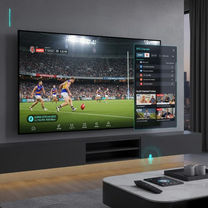 Best IPTV 2025 premium user interface displaying 4K AFL match streaming with advanced EPG and multi-channel preview on Samsung Smart TV