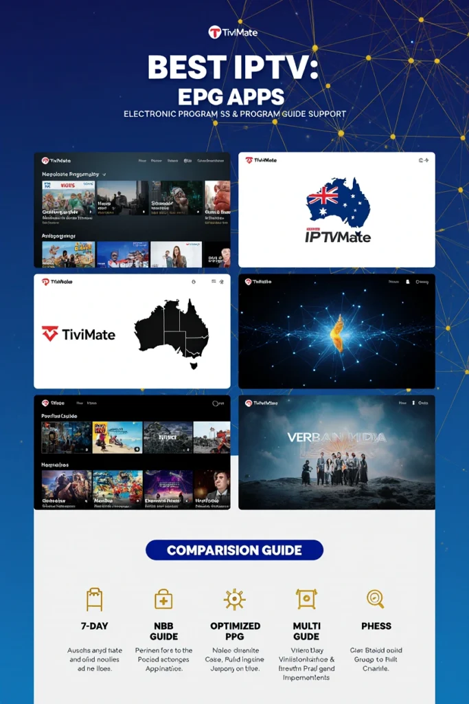 Best IPTV EPG apps comparison for Australia featuring TiviMate, Perfect Player, GSE Smart IPTV and IPTV Smarters Pro with Electronic Program Guide interfaces