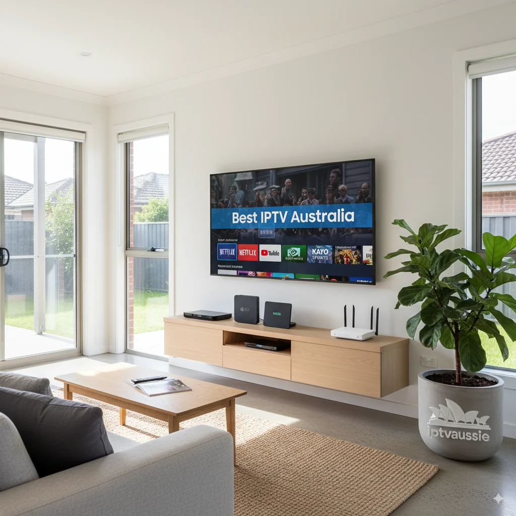 Best IPTV Australia 2025 streaming with website logo integrated in modern Australian living room