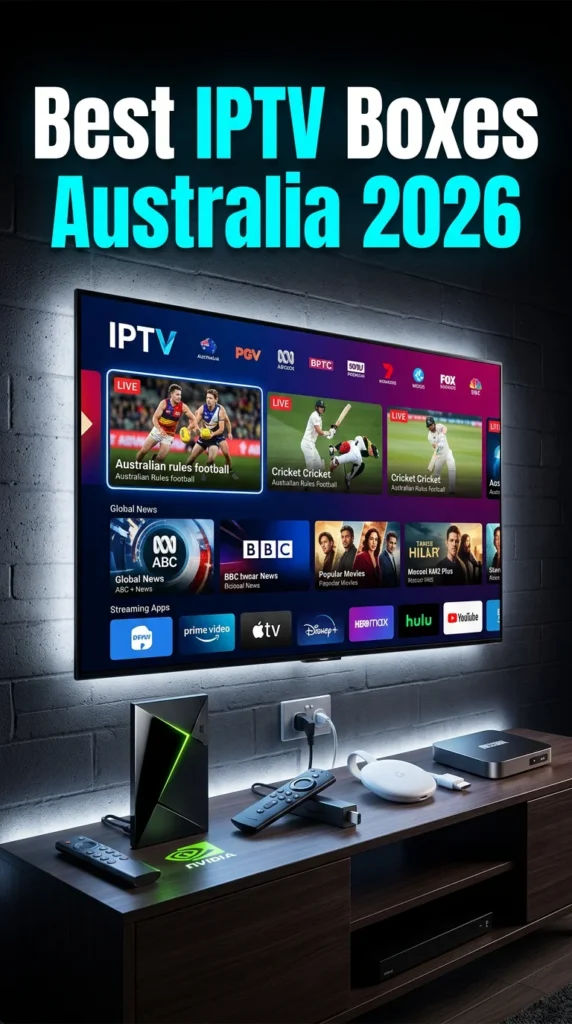 comparison of Best IPTV Boxes Australia 2026 shown in a cinematic vertical scene with 4K streaming devices