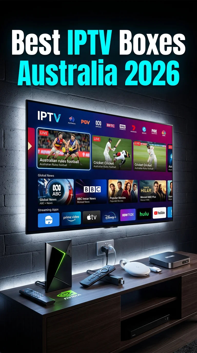 comparison of Best IPTV Boxes Australia 2026 shown in a cinematic vertical scene with 4K streaming devices