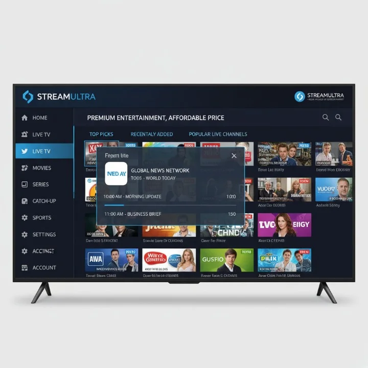 Cheapest IPTV 2025 user interface showing budget-friendly streaming service with clear navigation and channel guide on smart TV