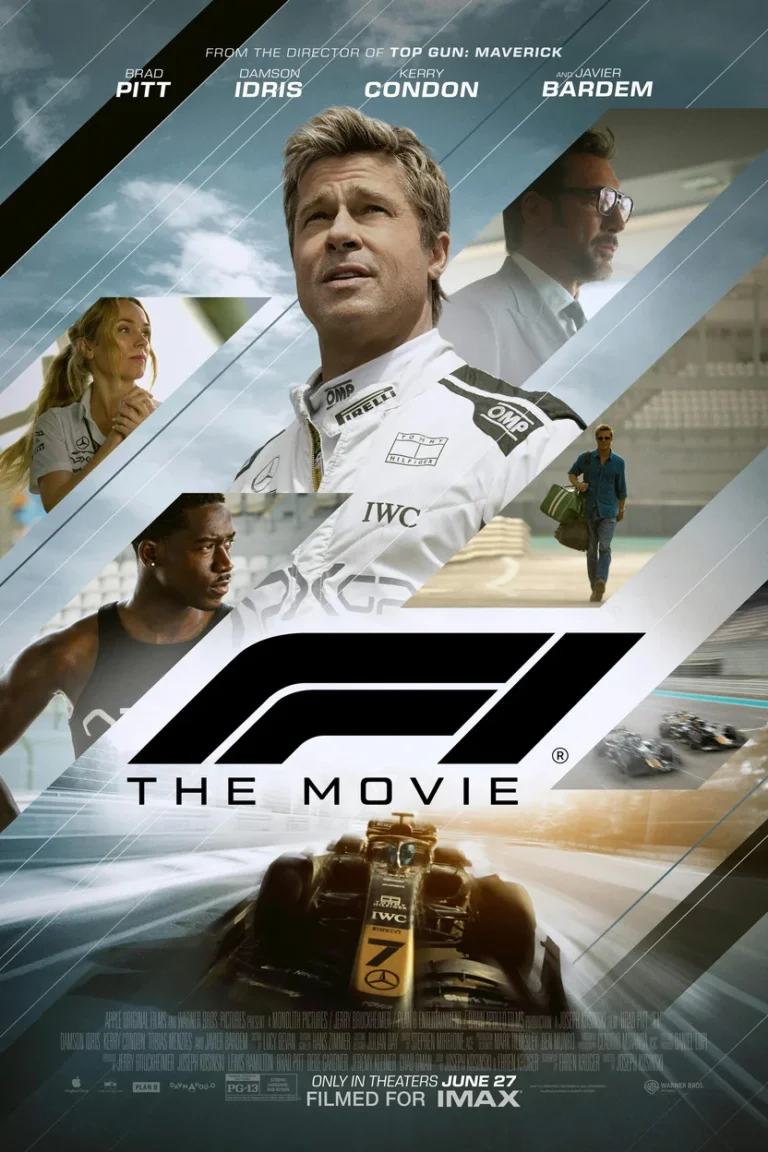 Movie poster for an upcoming Formula 1 film featuring Brad Pitt in a racing suit alongside other cast members and racing elements.