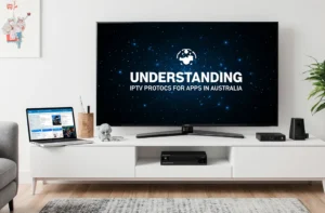 Hero image for Understanding IPTV Protocols for Apps in Australia featuring streaming devices and 4K TV in an Australian home.