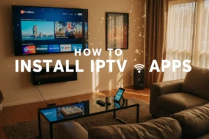 How to Install IPTV Apps guide showing Smart TV, smartphone and Firestick setup in modern Australian living room