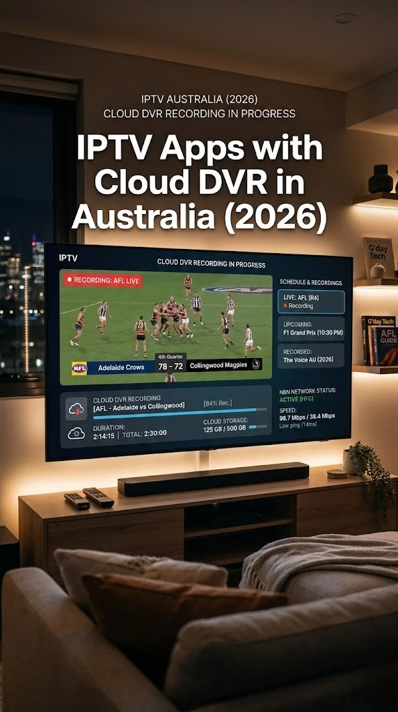 Cinematic smart TV setup showing IPTV apps with cloud DVR in Australia 2026, displaying recording interface, NBN connection speed, and streaming dashboard with highlighted keyword “IPTV Apps with Cloud DVR in Australia.
