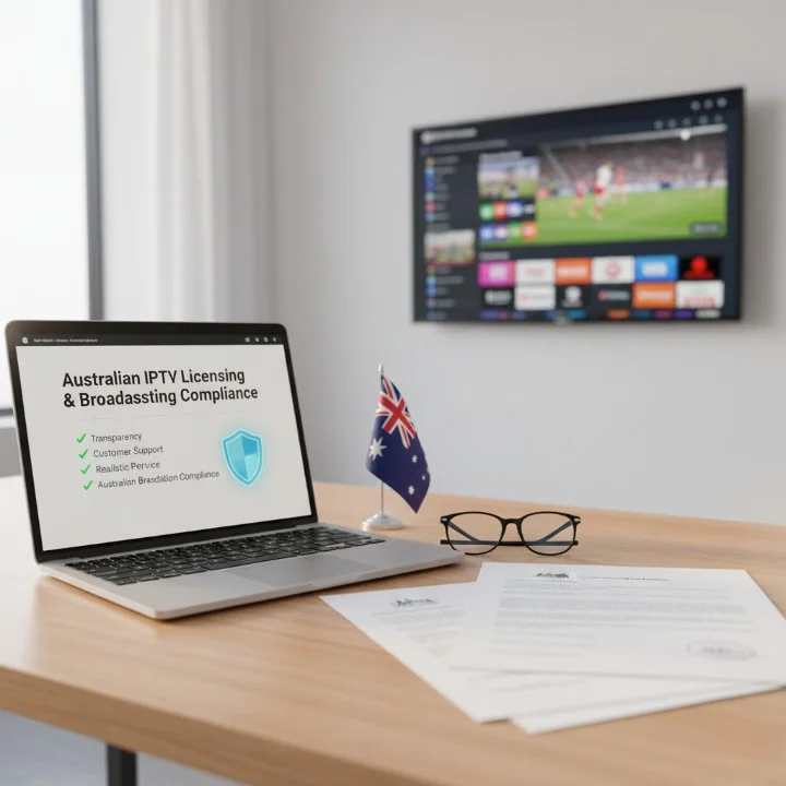 A cinematic photo of a modern Australian desk displaying IPTV licensing documents and a laptop showing Australian broadcasting compliance information.