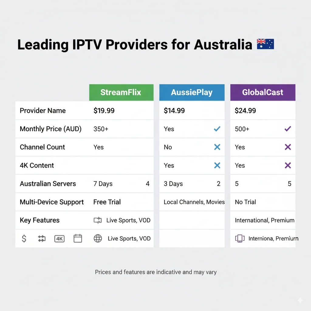 Best IPTV Australia services comparison chart showing prices and features