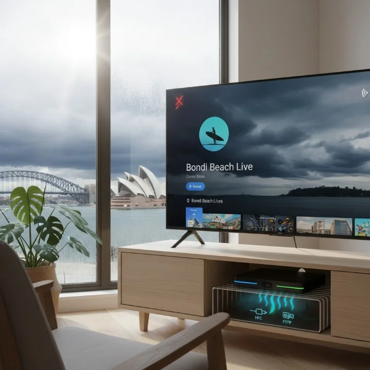 IPTV device and smart TV in a Sydney home showing heat, humidity, and storm effects impacting streaming performance.