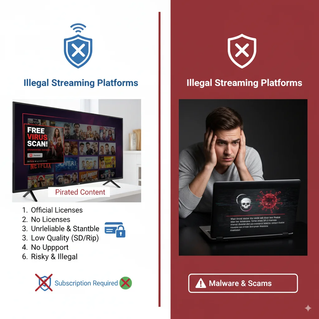 IPTV legality and online piracy comparison showing legal vs illegal streaming services