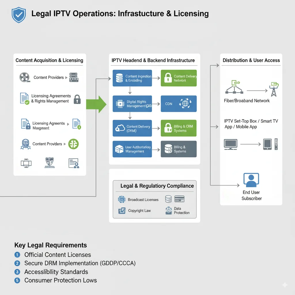 IPTV legality and online piracy technical framework showing legal streaming infrastructure 