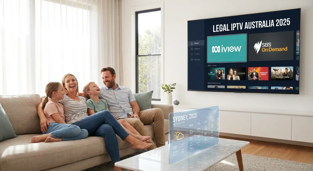 Modern Australian family watching IPTV on a large smart TV in a contemporary living room