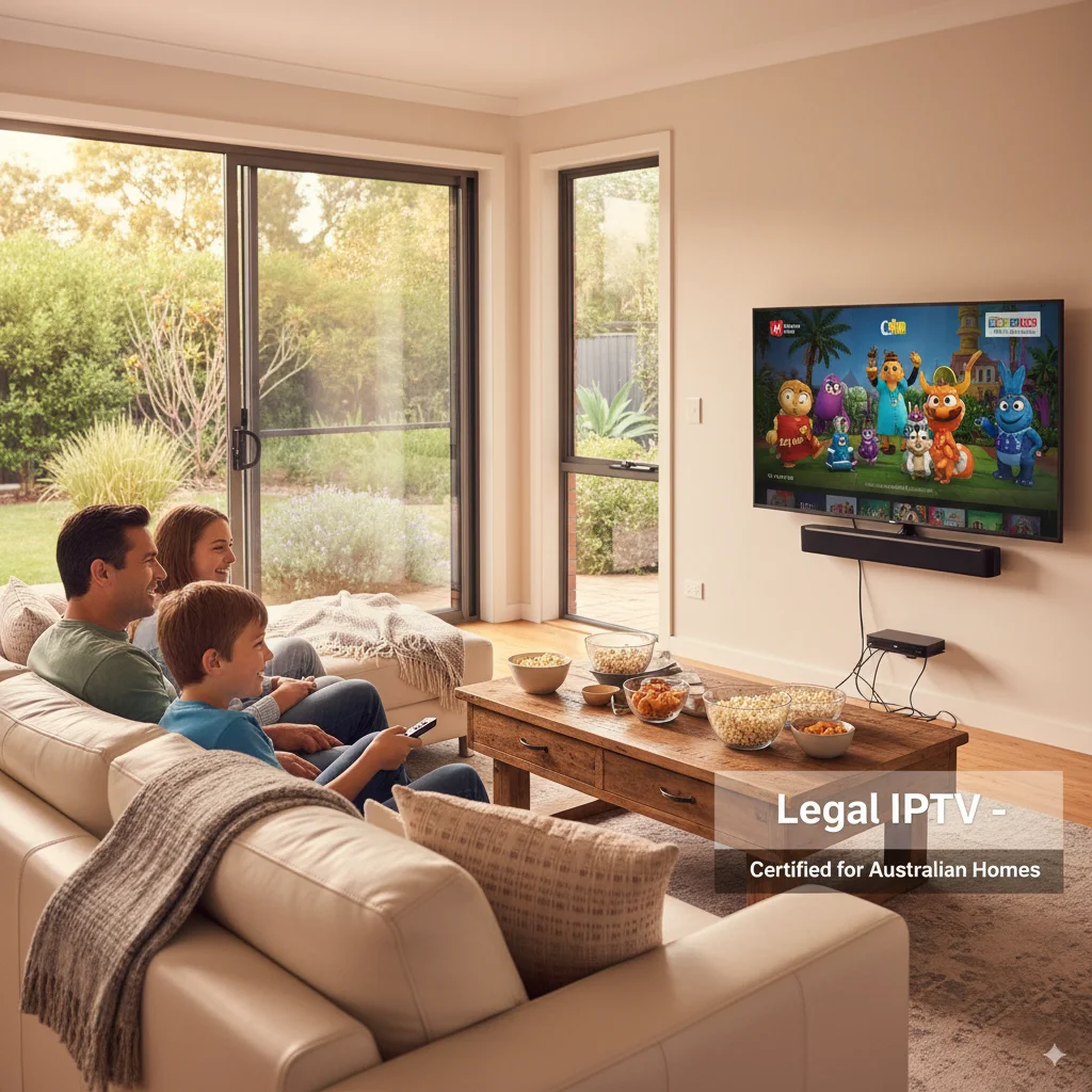 Australian family enjoying legal IPTV streaming services on smart TV in 2025