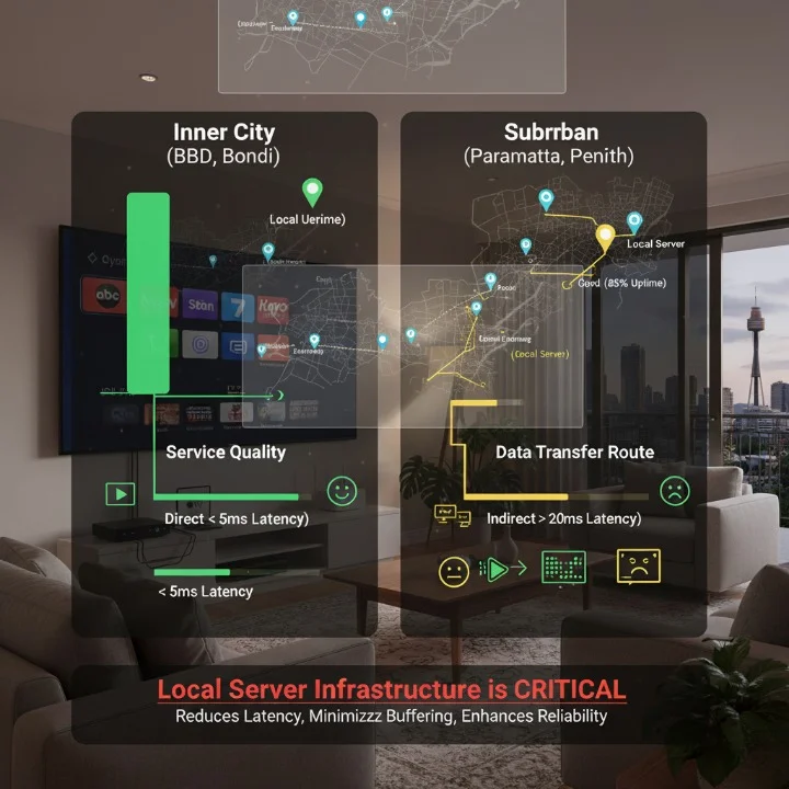 IPTV Sydney 2025 performance comparison showing 4K streaming quality differences between Sydney CBD and Western suburbs