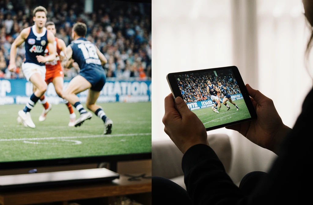 Multi-device IPTV Australia setup streaming AFL and NRL in 4K quality across smart TV and tablet