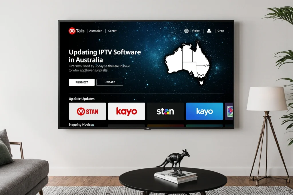 Smart TV in Australian home performing Updating IPTV Software in Australia, showing progress bars and icons of ABC iview, Stan, and Kayo Sports