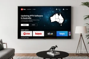 Smart TV in Australian home performing Updating IPTV Software in Australia, showing progress bars and icons of ABC iview, Stan, and Kayo Sports