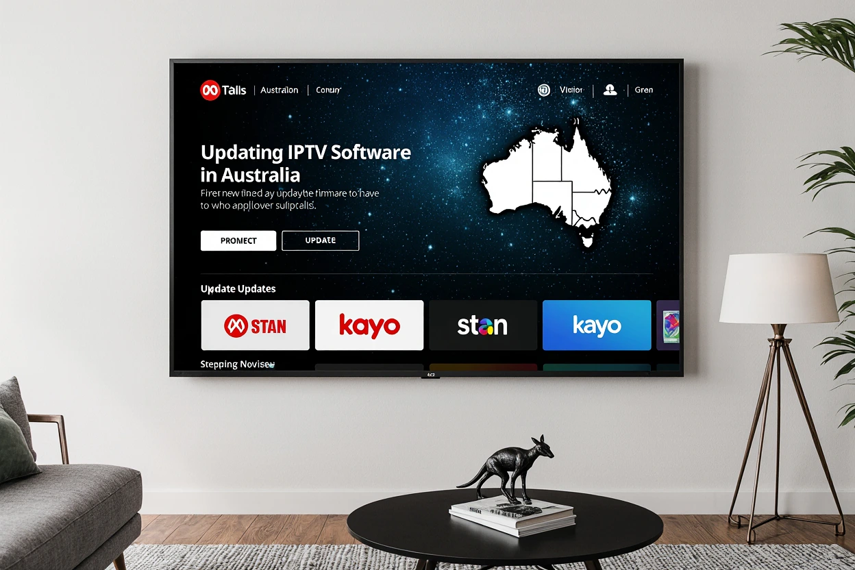 Smart TV in Australian home performing Updating IPTV Software in Australia, showing progress bars and icons of ABC iview, Stan, and Kayo Sports
