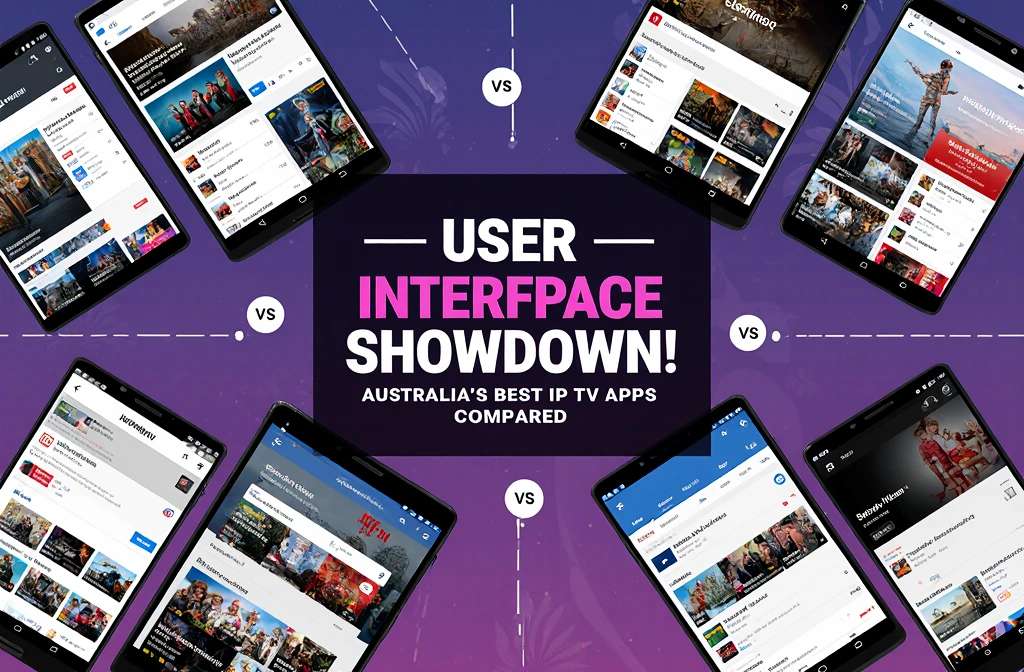 User Interface Showdown comparing best IPTV apps in Australia showing Netflix Stan ABC iView and other streaming interfaces on multiple TV screens