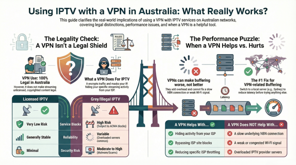 Infographic showing IPTV and VPN legality check and performance comparison in Australia, with licensed vs illegal IPTV differences, what VPN helps with, and buffering solutions
