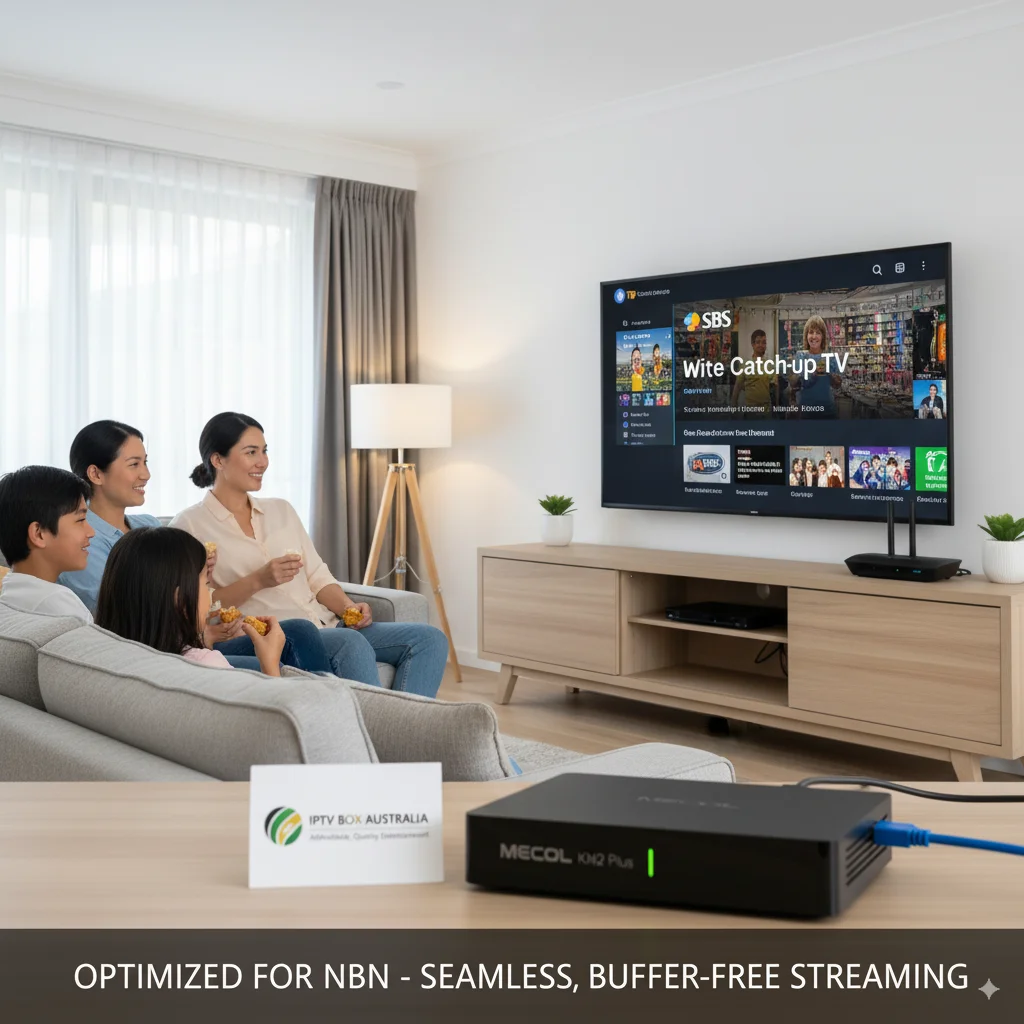 Why choose IPTV box Australia—family watching Catch-up TV on NBN-optimized setup.