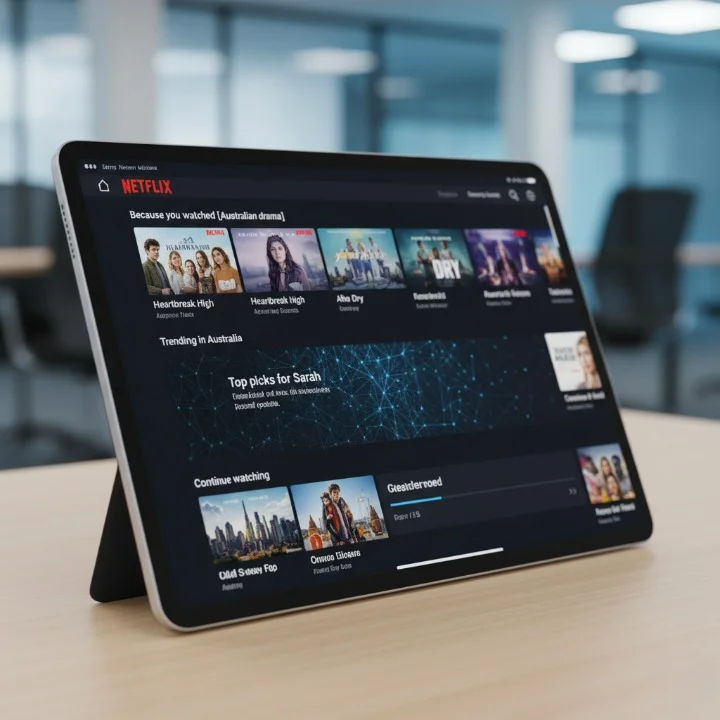 Netflix AI-powered personalized recommendation interface showing curated Australian and international content based on viewing history