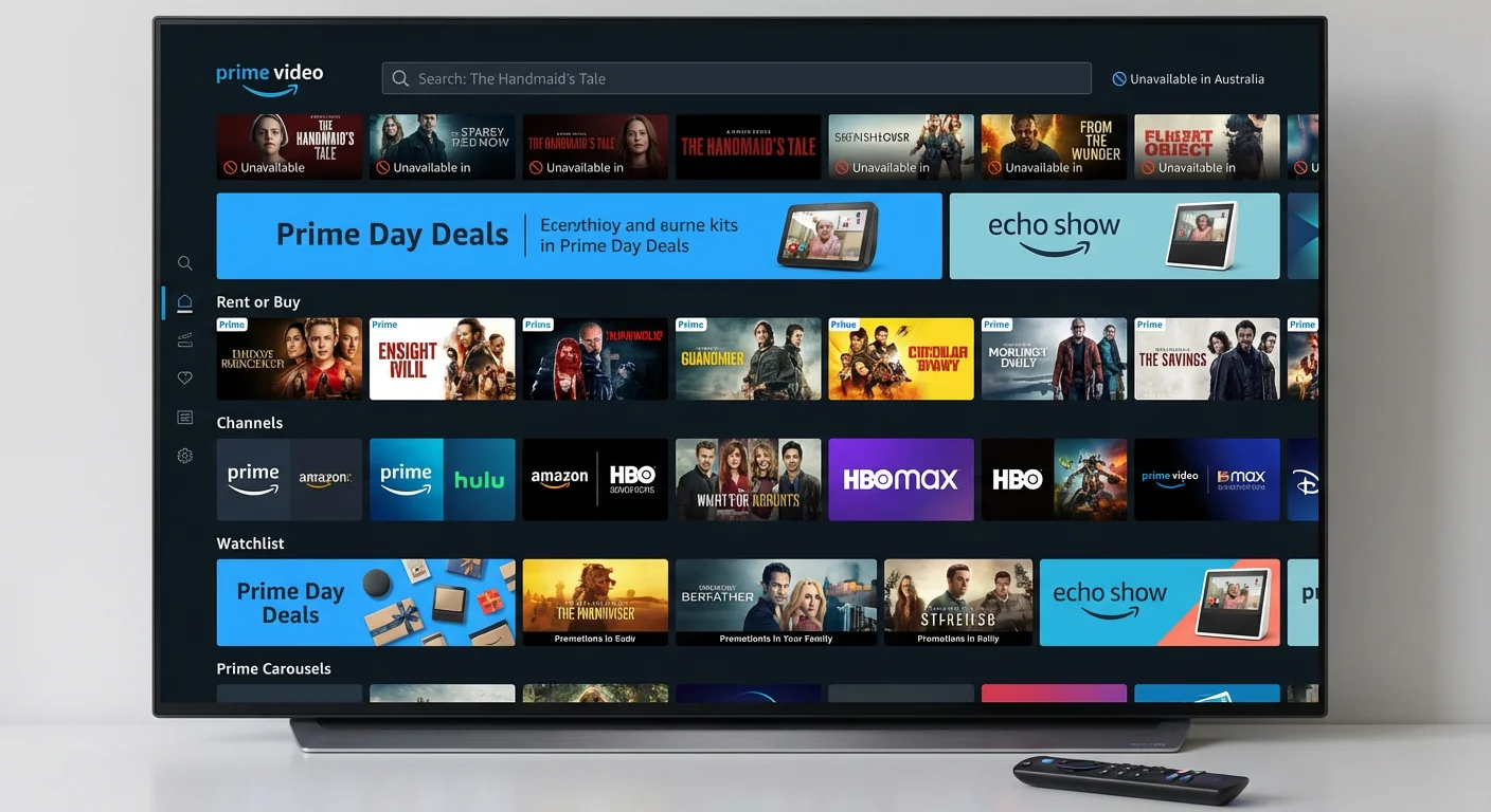 Amazon Prime Video IPTV app interface Australia 2026 showing cluttered layout, mixed free and paid content, complex navigation, and promotional shopping banners.