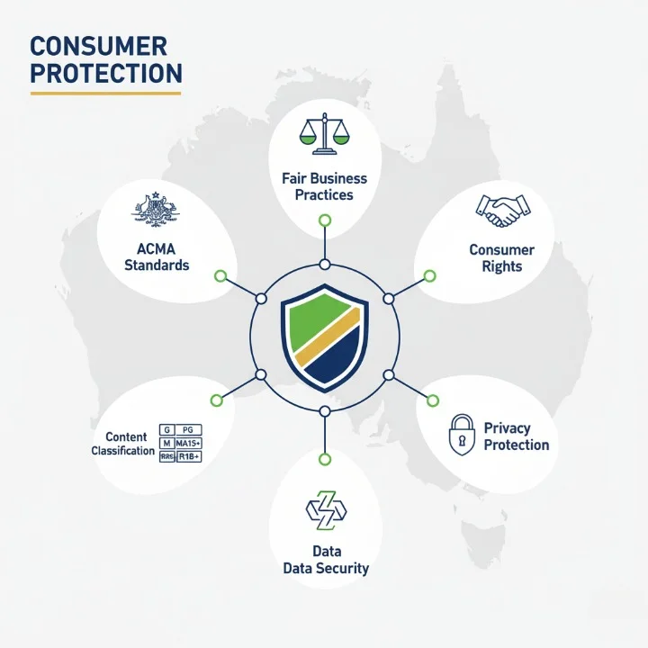 Professional illustration showing Australian legal compliance framework for IPTV Apps including ACMA regulations, consumer protection, and content classification standards