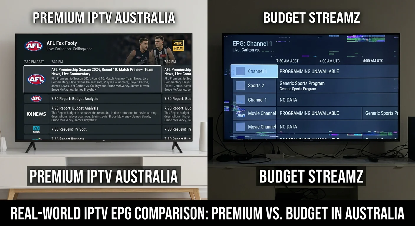 Australian IPTV EPG comparison showing premium service with full program guide and budget service with broken or missing schedule data.