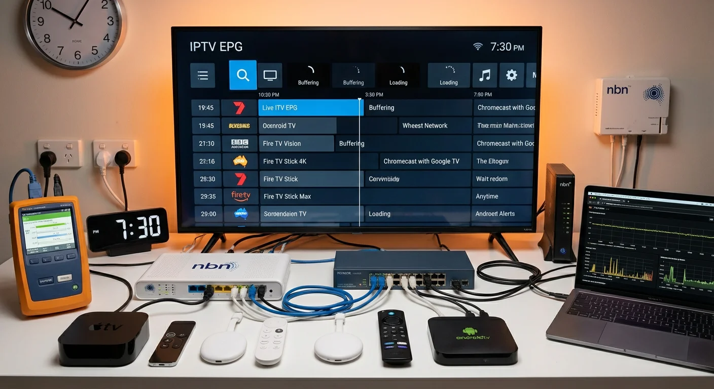 Australian IPTV services testing setup across NBN tiers and streaming devices with EPG evaluation