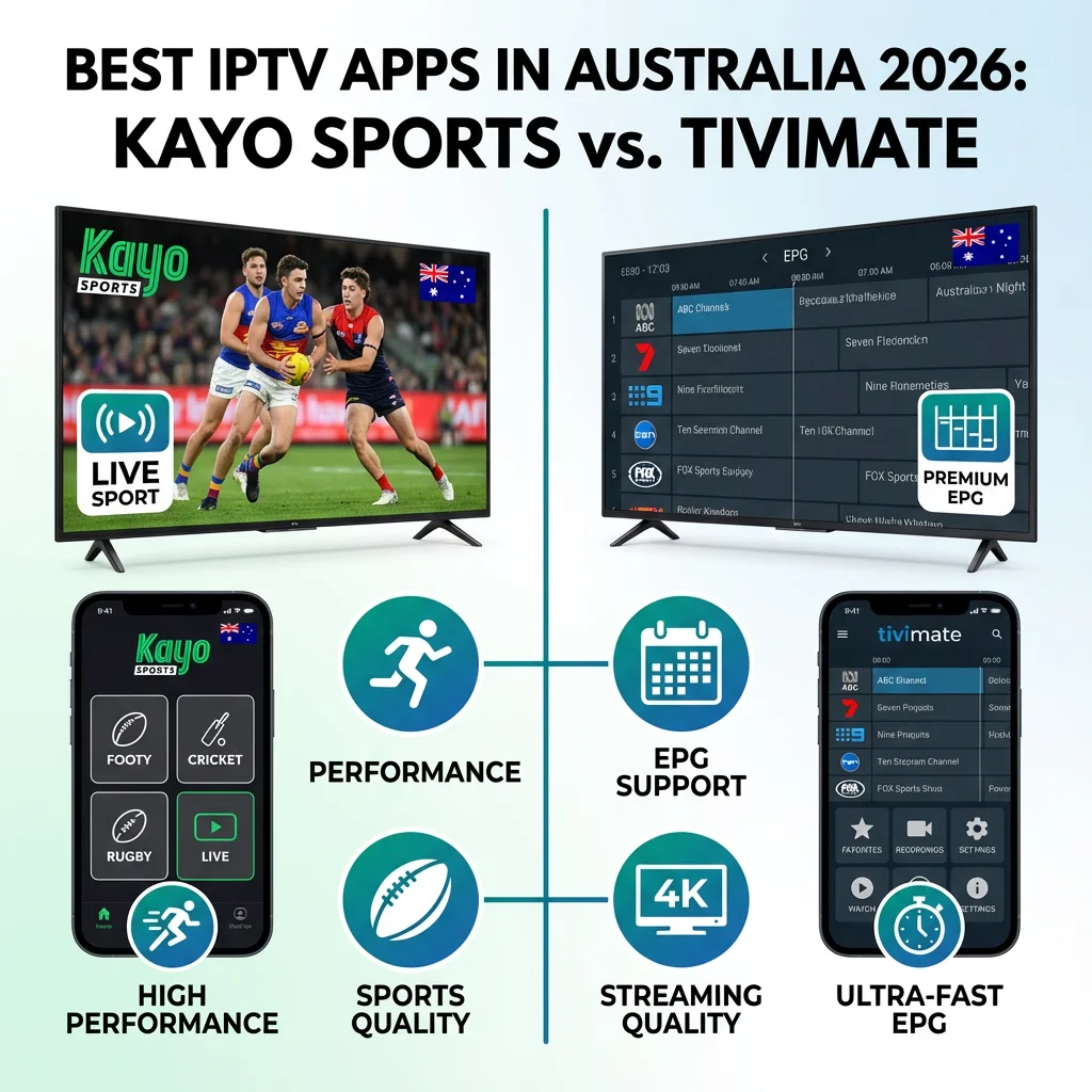 Top IPTV apps in Australia — Kayo Sports and TiviMate shown on TV and mobile devices with EPG and live streaming.