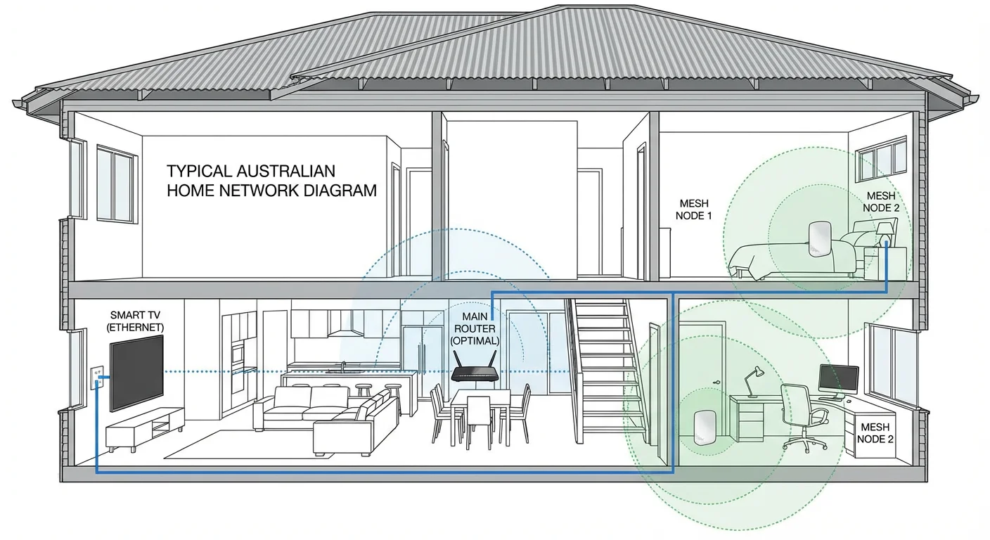Diagram of a typical Australian home showing optimal router placement, ethernet connections to TVs, and mesh Wi-Fi nodes, with bold text "Best IPTV Australia 2026" for smooth streaming.