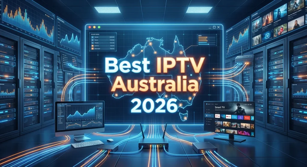 Futuristic IPTV streaming network dashboard showing Australian map and large bold text “Best IPTV Australia 2026” representing high-performance NBN streaming in Australia.