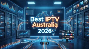 Futuristic IPTV streaming network dashboard showing Australian map and large bold text “Best IPTV Australia 2026” representing high-performance NBN streaming in Australia.