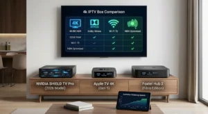 Best IPTV Box Australia 2026 – Expert Reviews & Buyer's Guide: Close-up of top IPTV boxes with 4K logos, streaming icons, and technical interface graphics.