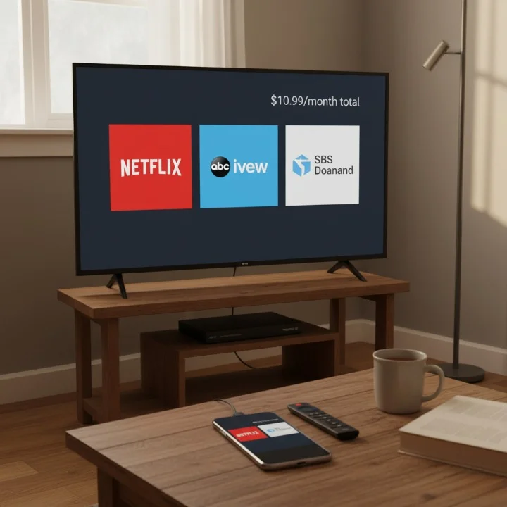 Affordable IPTV Apps Australia setup showing Netflix Basic combined with free services ABC iView and SBS On Demand on modest TV