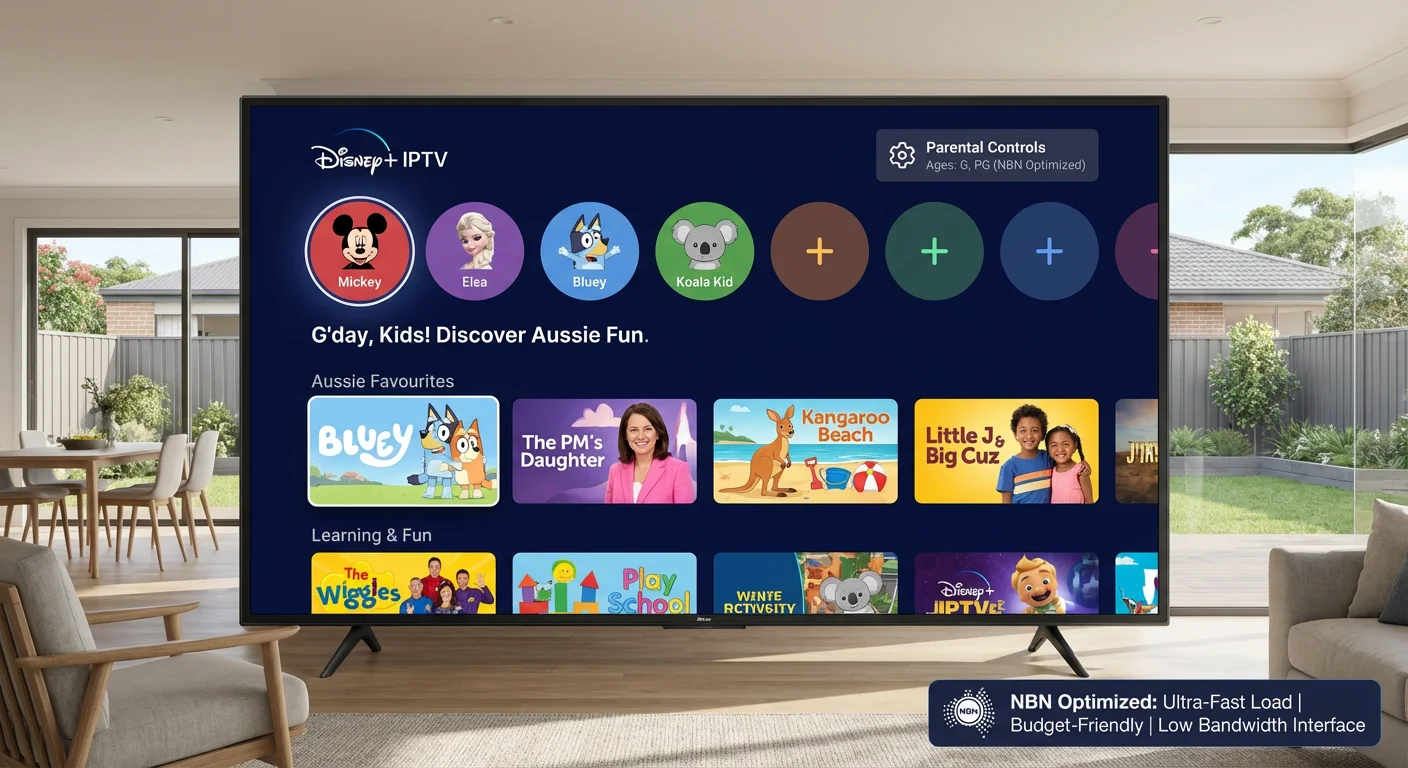 Disney+ IPTV app interface on a 4K Android TV in Australia 2026 showing kids' profile navigation, parental controls, local content like Bluey, and optimized performance for NBN connections.