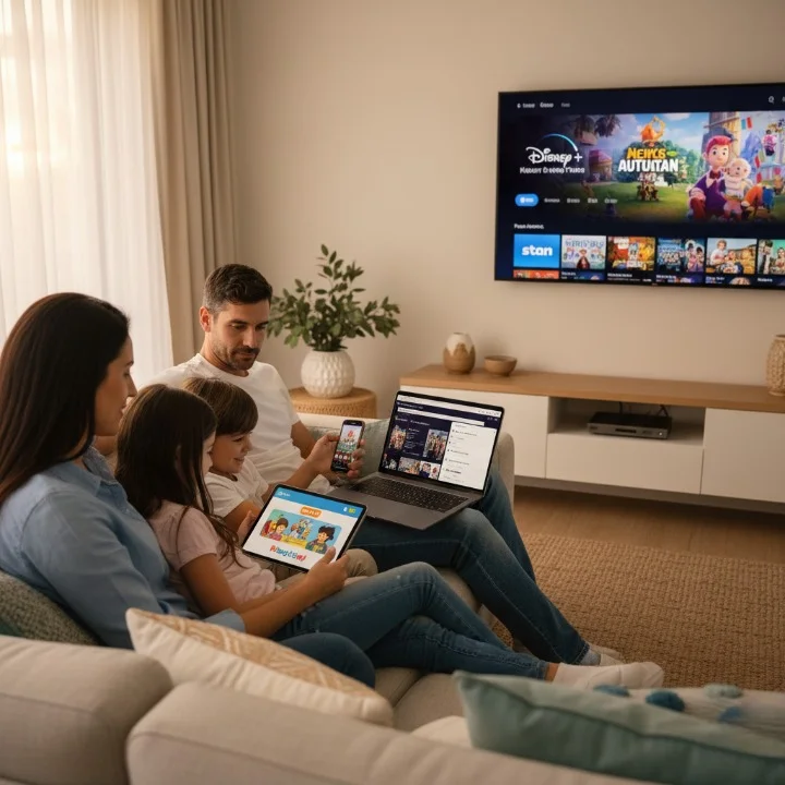 Australian family using multiple devices to stream IPTV Apps including Smart TV, tablets, and smartphones with parental controls visible