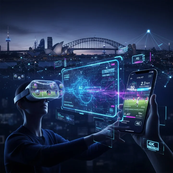 Futuristic visualization of emerging IPTV technologies in Australia including AI, VR/AR headsets, 5G networks, and advanced streaming interfaces