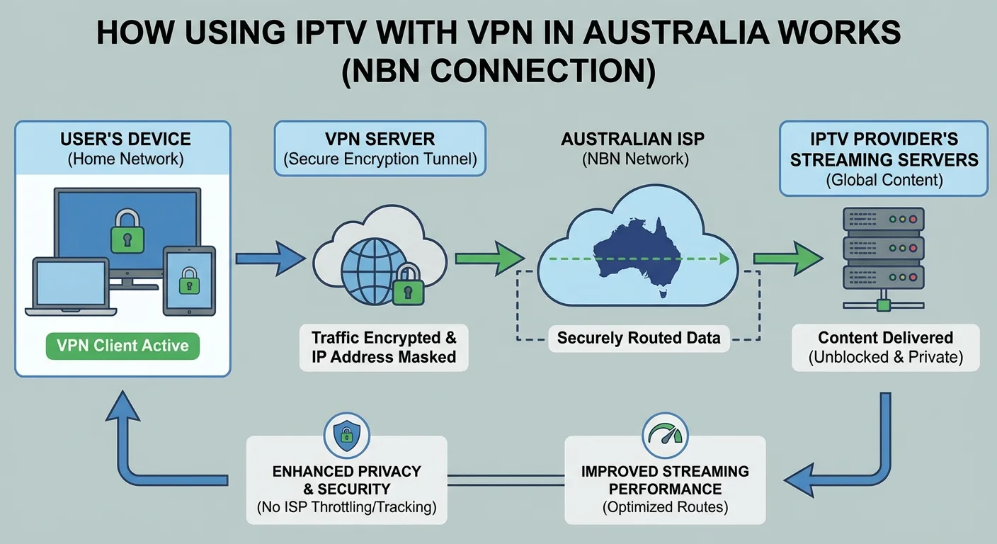 Diagram showing how using IPTV with VPN in Australia works, from device connection through VPN server, ISP network, and IPTV streaming server